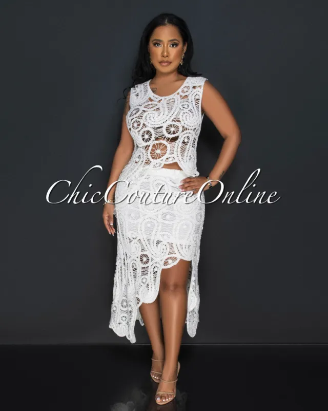 *Selma Off-White Crochet Uneven Top & Skirt Set sold by Chic Couture