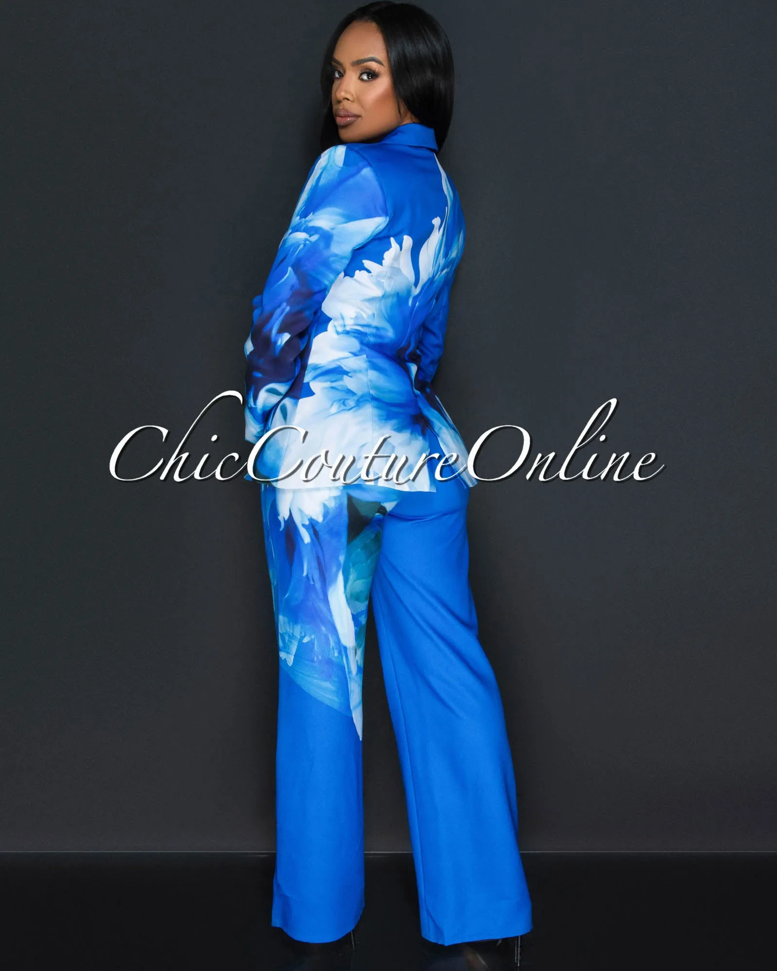*Rena Blue White Floral Print Blazer & Wide Pants Set sold by Chic Couture product image thumbnail 4