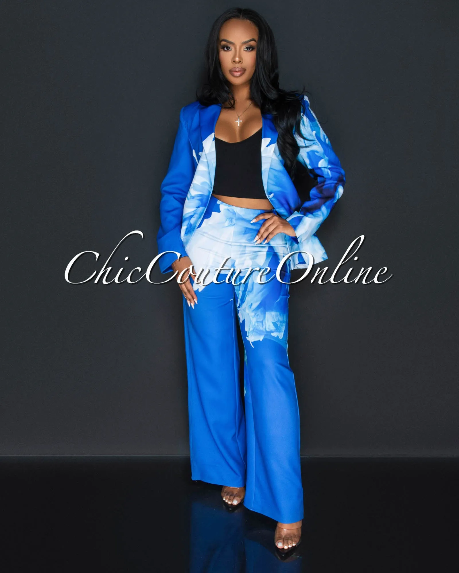 *Rena Blue White Floral Print Blazer & Wide Pants Set sold by Chic Couture product image thumbnail 3