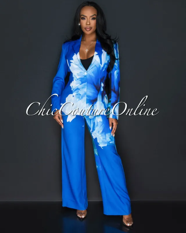 *Rena Blue White Floral Print Blazer & Wide Pants Set sold by Chic Couture