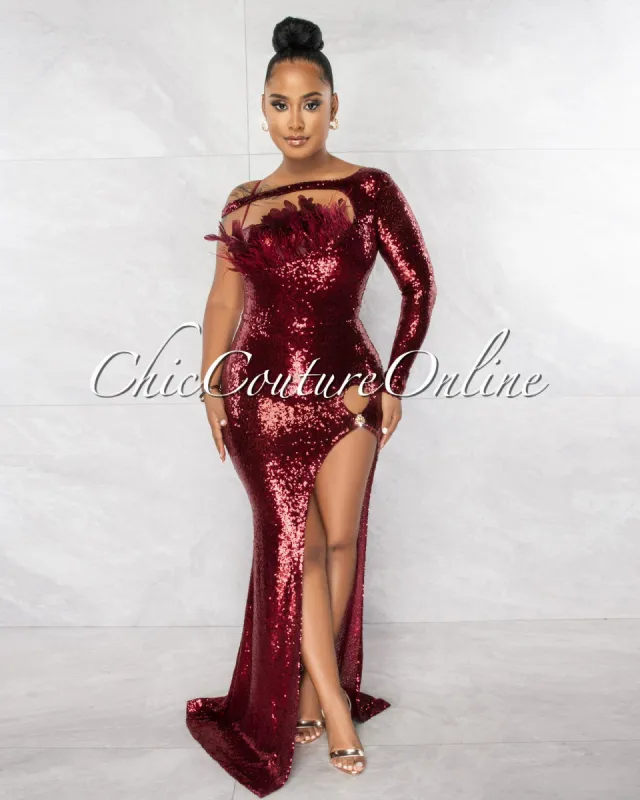 Ruben Burgundy Sequins Feather Bust Bodysuit Maxi Dress sold by chic