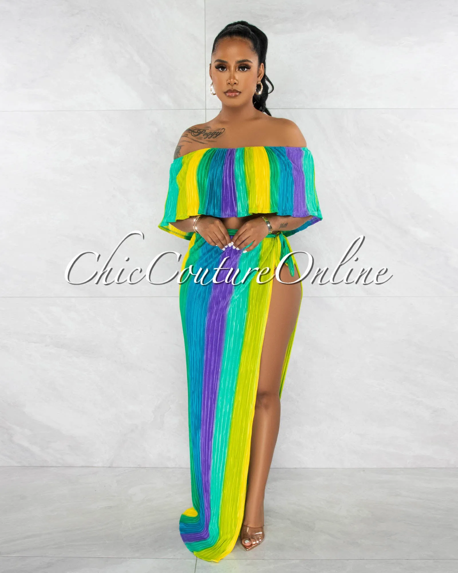 *Kesha Purple Lime Ruffle Top & Maxi Slit Skirt Ribbed Set sold by Chic Couture product image thumbnail 2