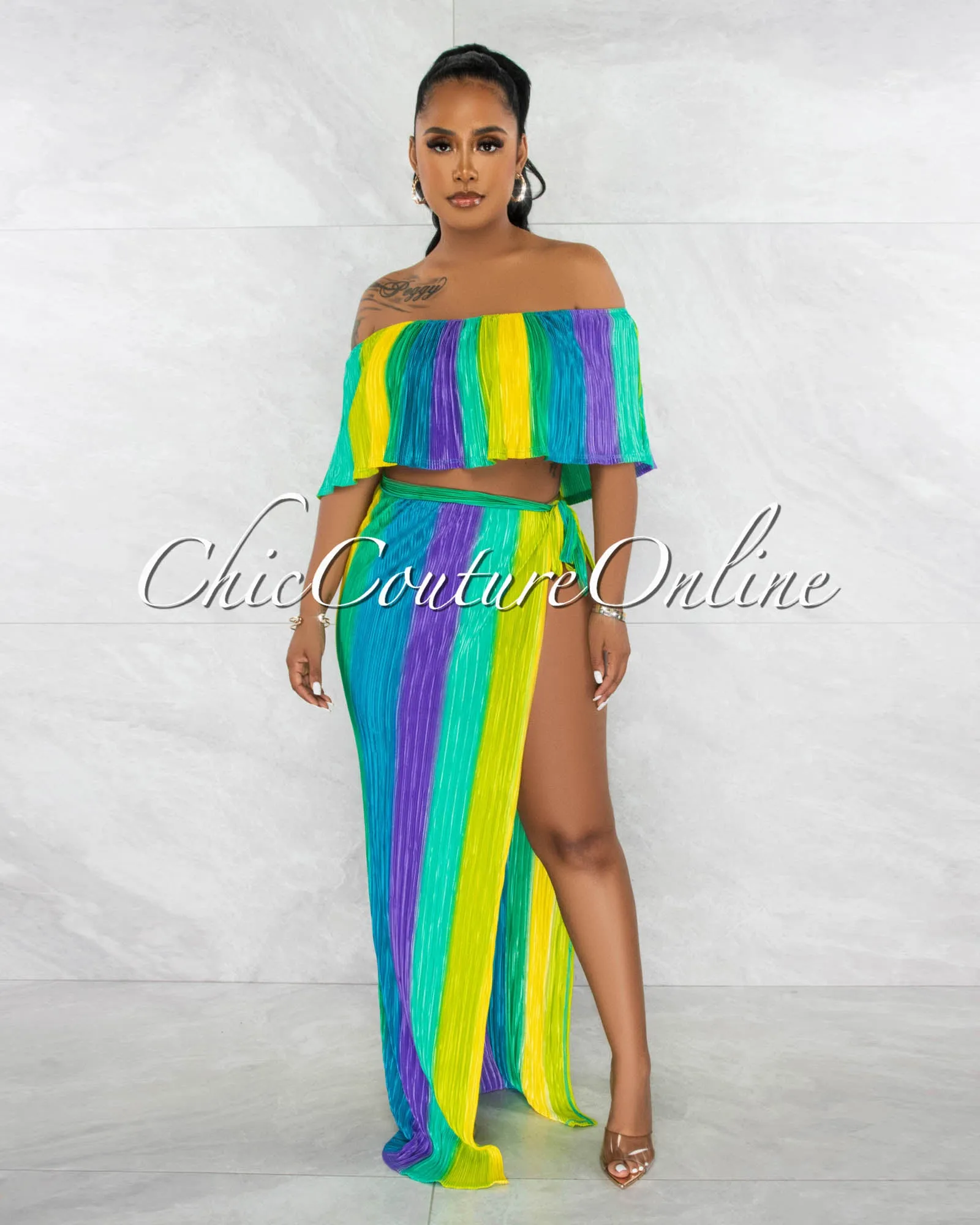 *Kesha Purple Lime Ruffle Top & Maxi Slit Skirt Ribbed Set sold by Chic Couture