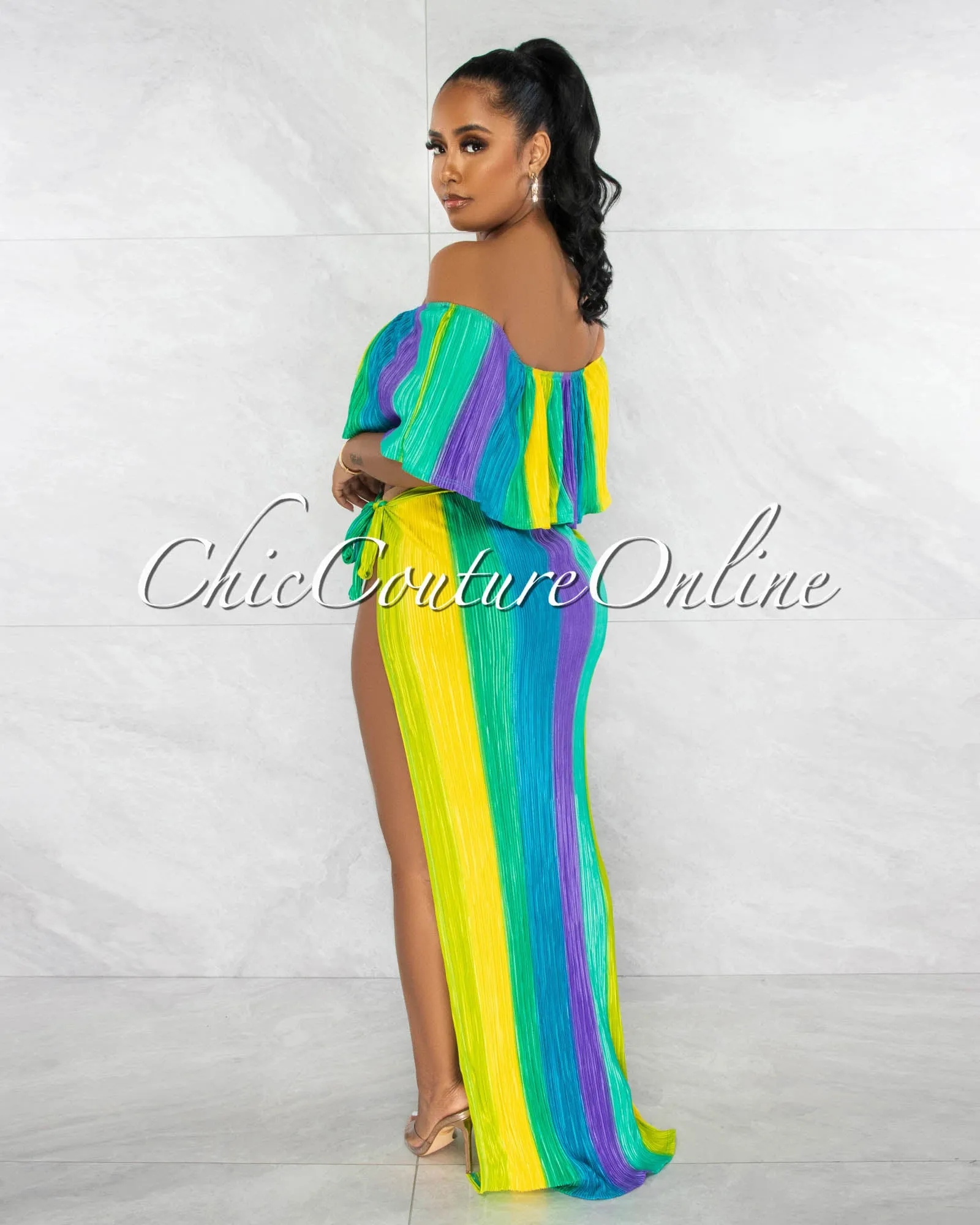 *Kesha Purple Lime Ruffle Top & Maxi Slit Skirt Ribbed Set sold by Chic Couture product image thumbnail 3