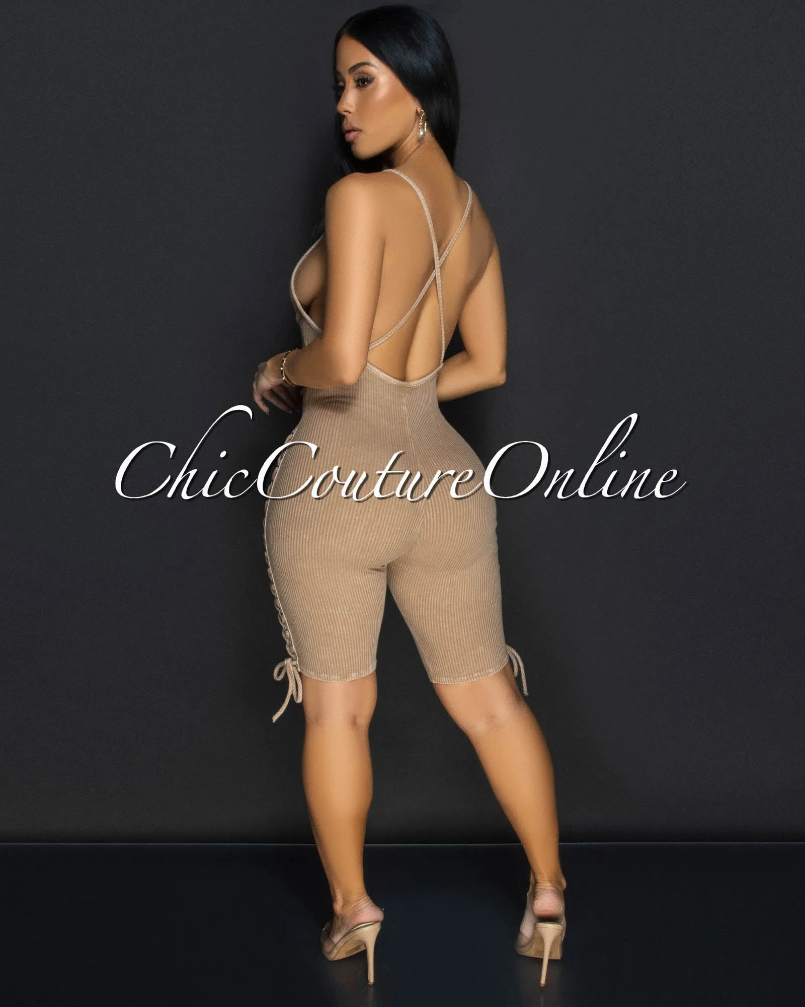 Daya Nude Ribbed Lace-Up Sides Romper sold by Chic Couture product image thumbnail 3