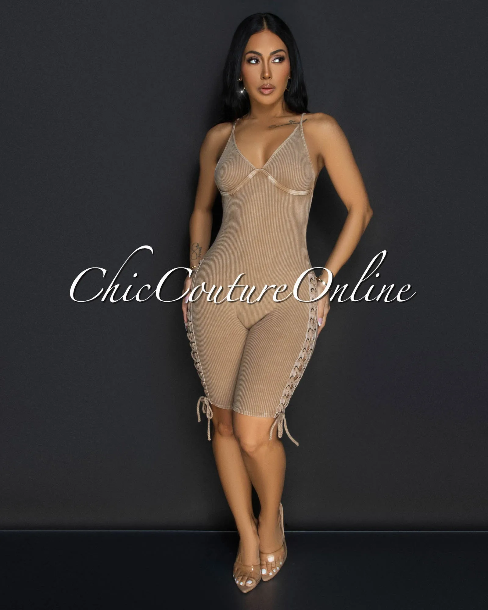 Daya Nude Ribbed Lace-Up Sides Romper sold by Chic Couture