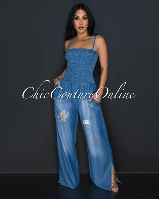 Malaya Dark Denim Glitter Design Smocked Top Widelegs Jumpsuit sold by Chic Couture