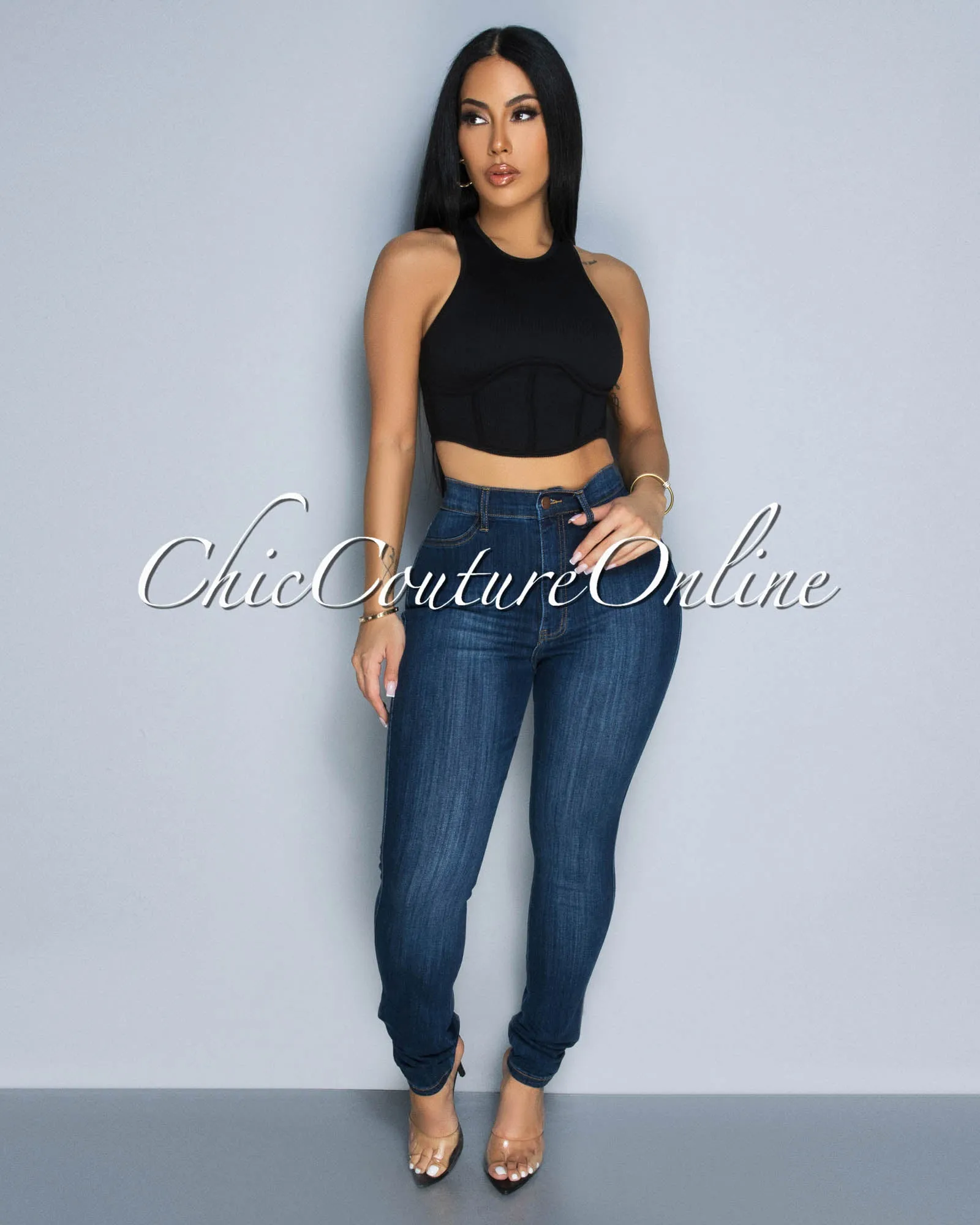 Vinia Black Corset Style Ribbed Crop Top sold by Chic Couture product image thumbnail 3