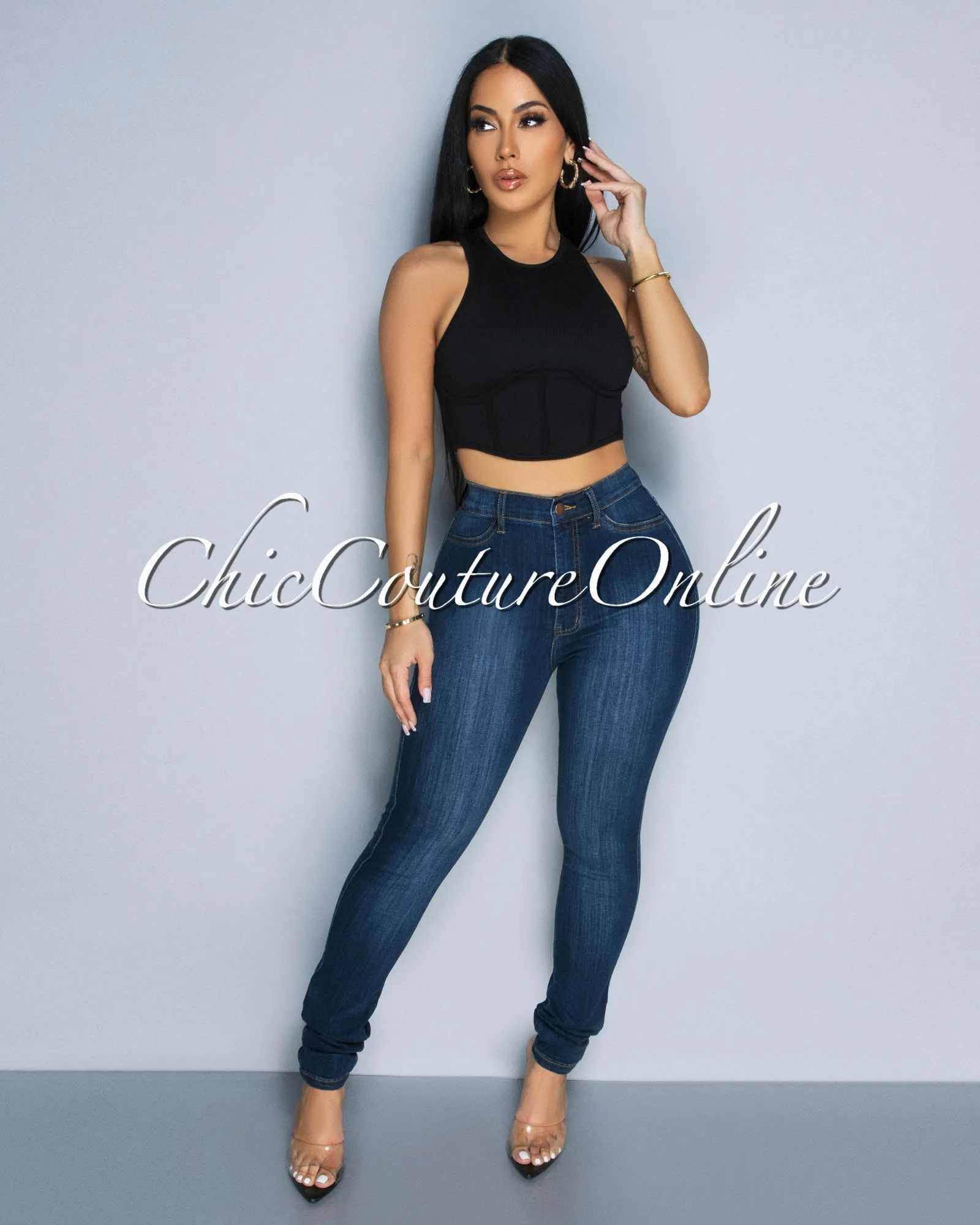 Vinia Black Corset Style Ribbed Crop Top sold by Chic Couture product image thumbnail 2