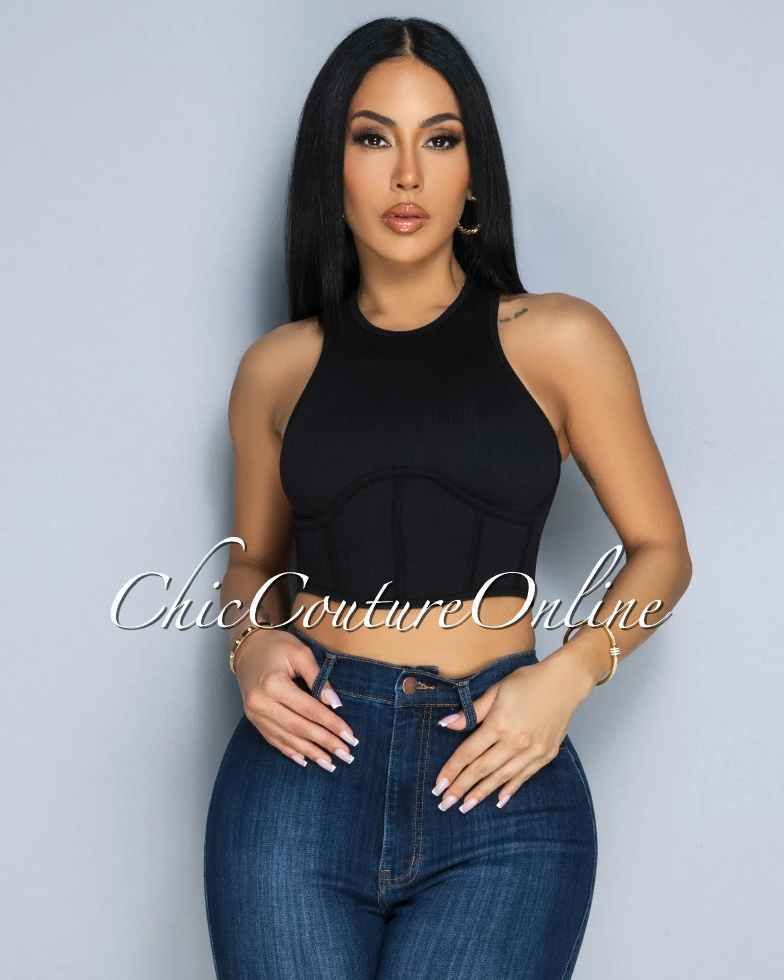 Vinia Black Corset Style Ribbed Crop Top sold by Chic Couture
