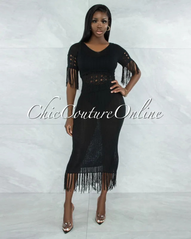 *Casina Black Crochet Cover-Up Fringe Maxi Dress sold by Chic Couture