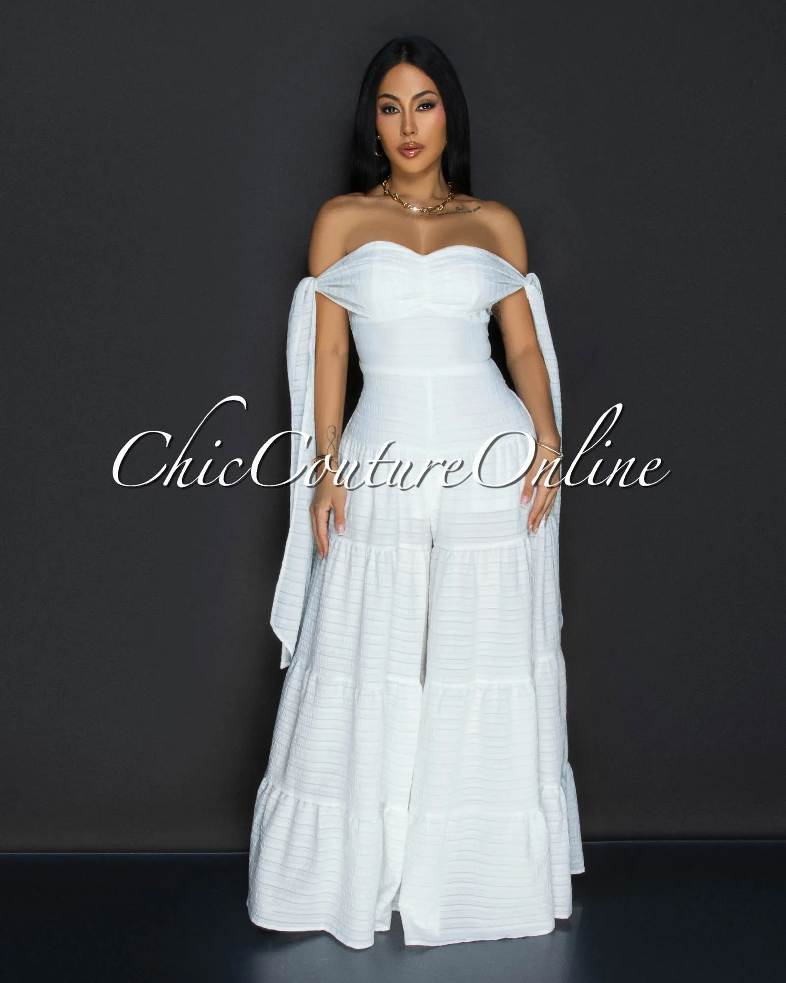 Noelly Off-White Strapless Wide Legs Jumpsuit sold by Chic Couture product image thumbnail 2