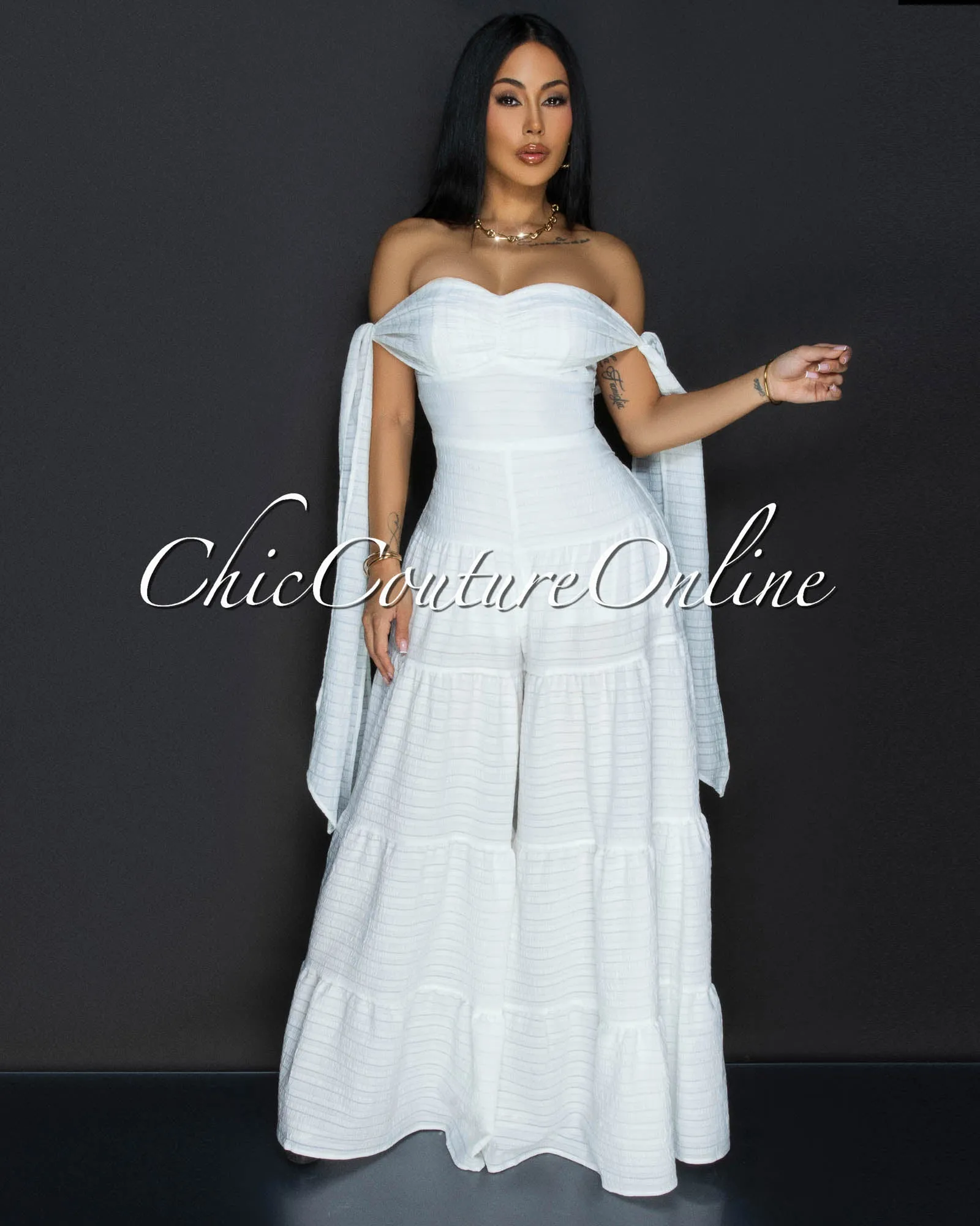 Noelly Off-White Strapless Wide Legs Jumpsuit sold by Chic Couture