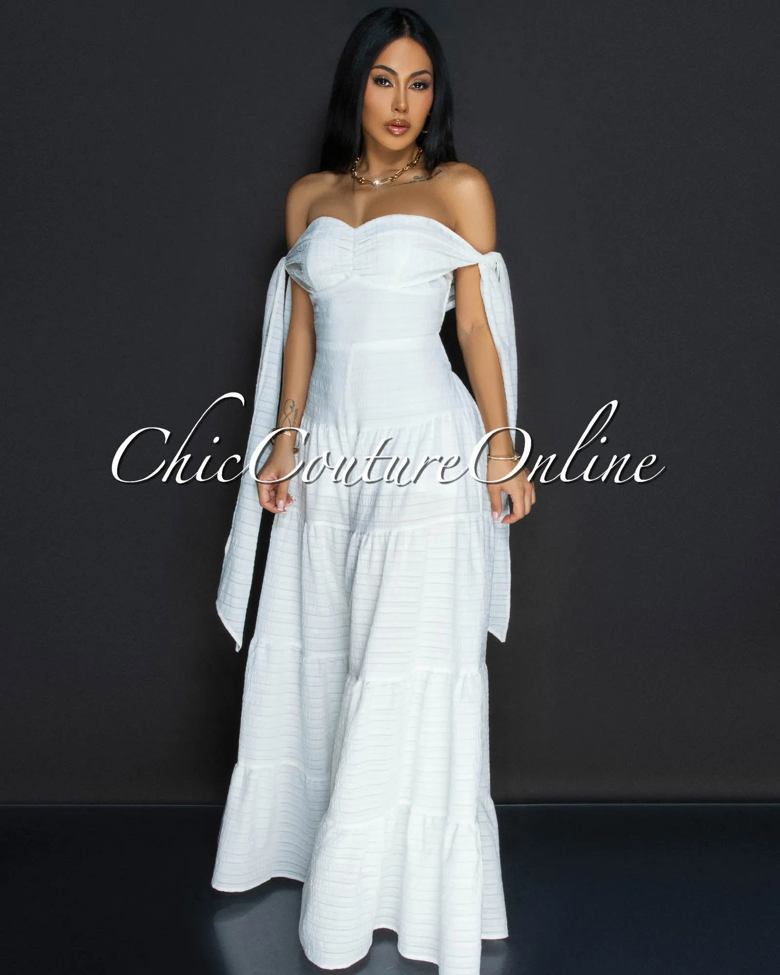 Noelly Off-White Strapless Wide Legs Jumpsuit sold by Chic Couture product image thumbnail 3