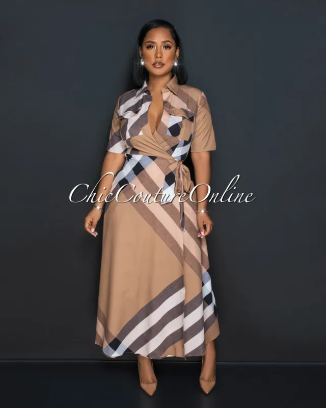 Dana Camel Plaid Print Wrap Maxi Dress sold by Chic Couture