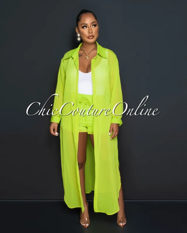 Verina Lime Sheer Duster & Mini Shorts Set sold by Chic Couture