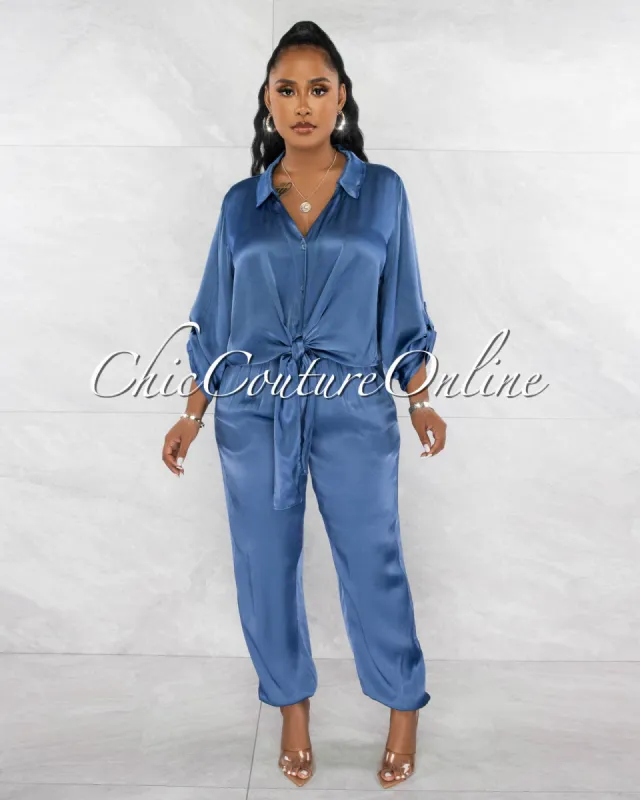 *Elliot Blue Front Tie Shirt & Joggers Silky Set sold by Chic Couture