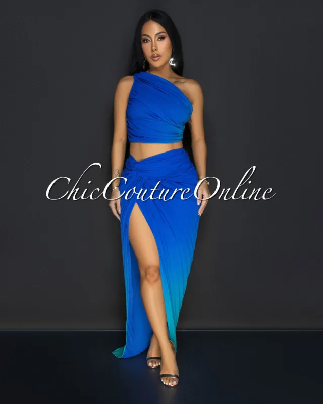 Vola Blue Mint Pleated Top & Skirt Set sold by Chic Couture