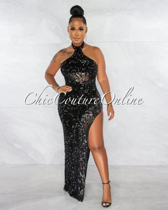 Jorah Black Sequins Mesh Details Halter Maxi Dress sold by Chic Couture