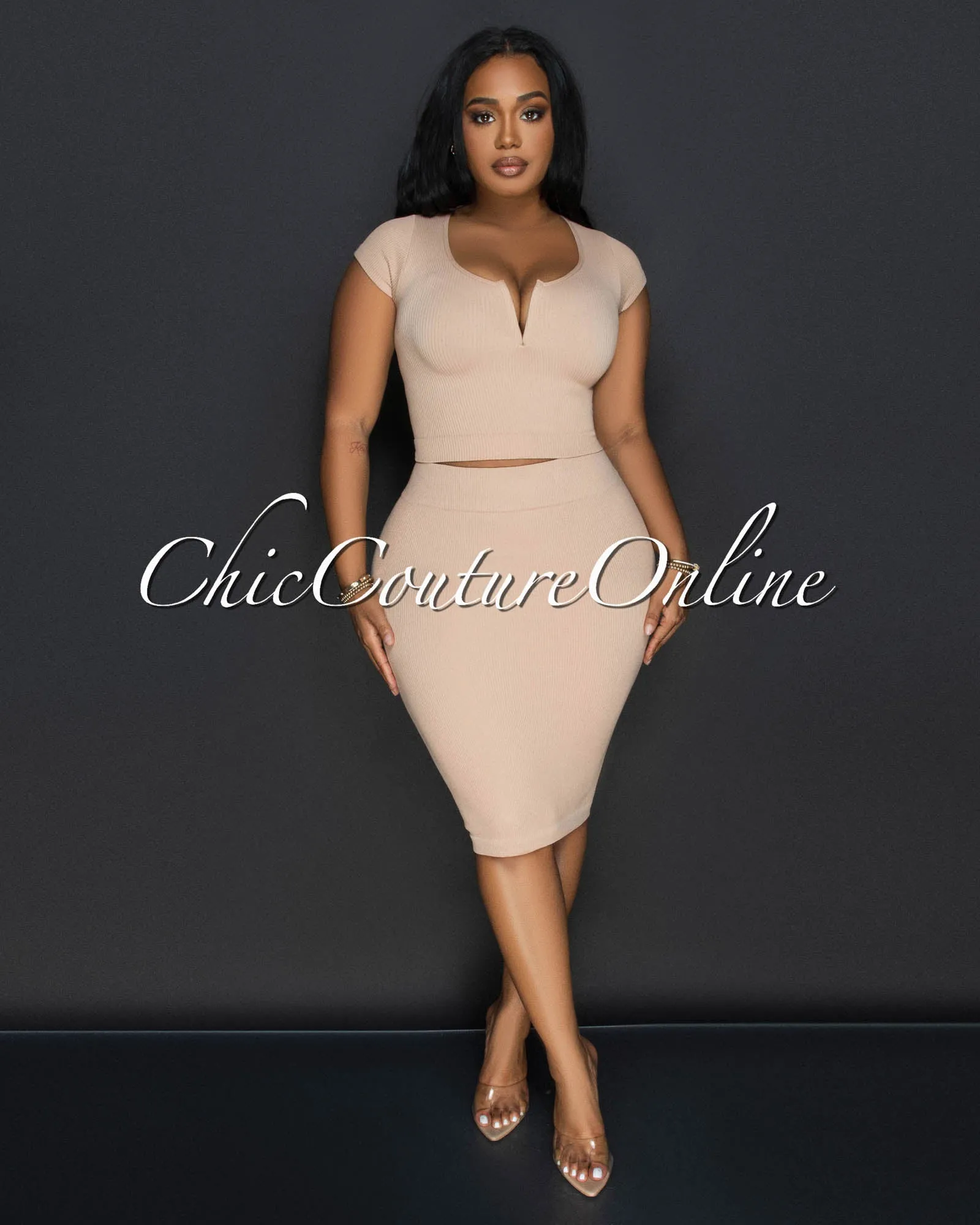 Laury Nude Ribbed Crop Top & Skirt Sculpting Set sold by Chic Couture