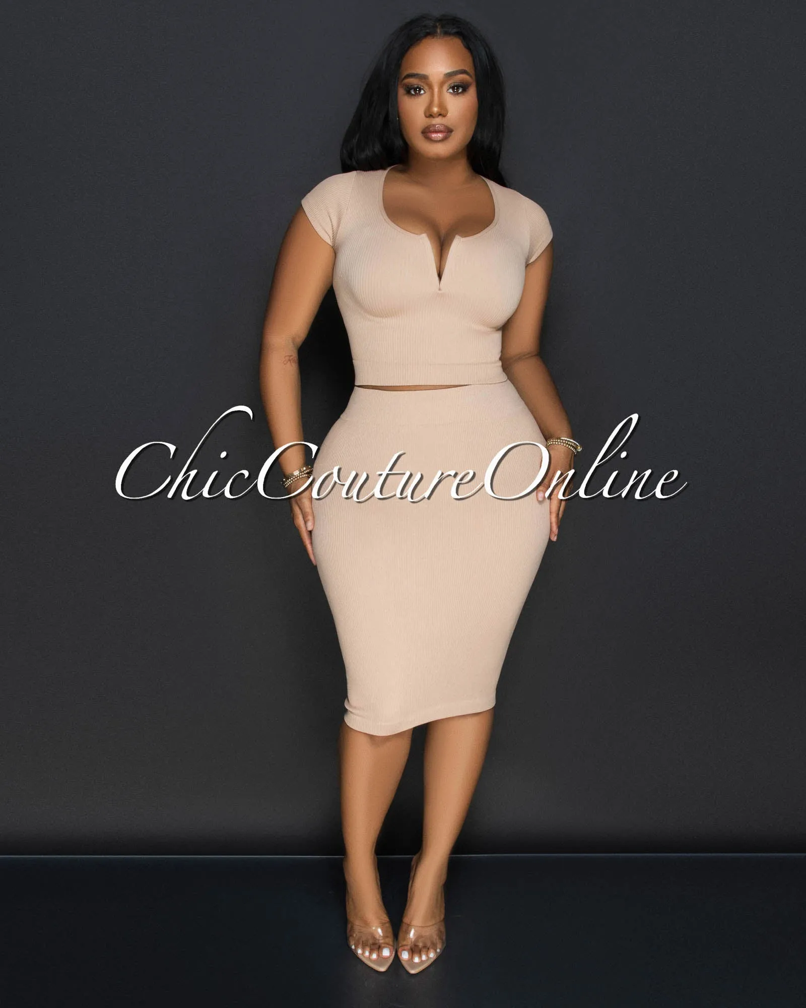 Laury Nude Ribbed Crop Top & Skirt Sculpting Set sold by Chic Couture product image thumbnail 2