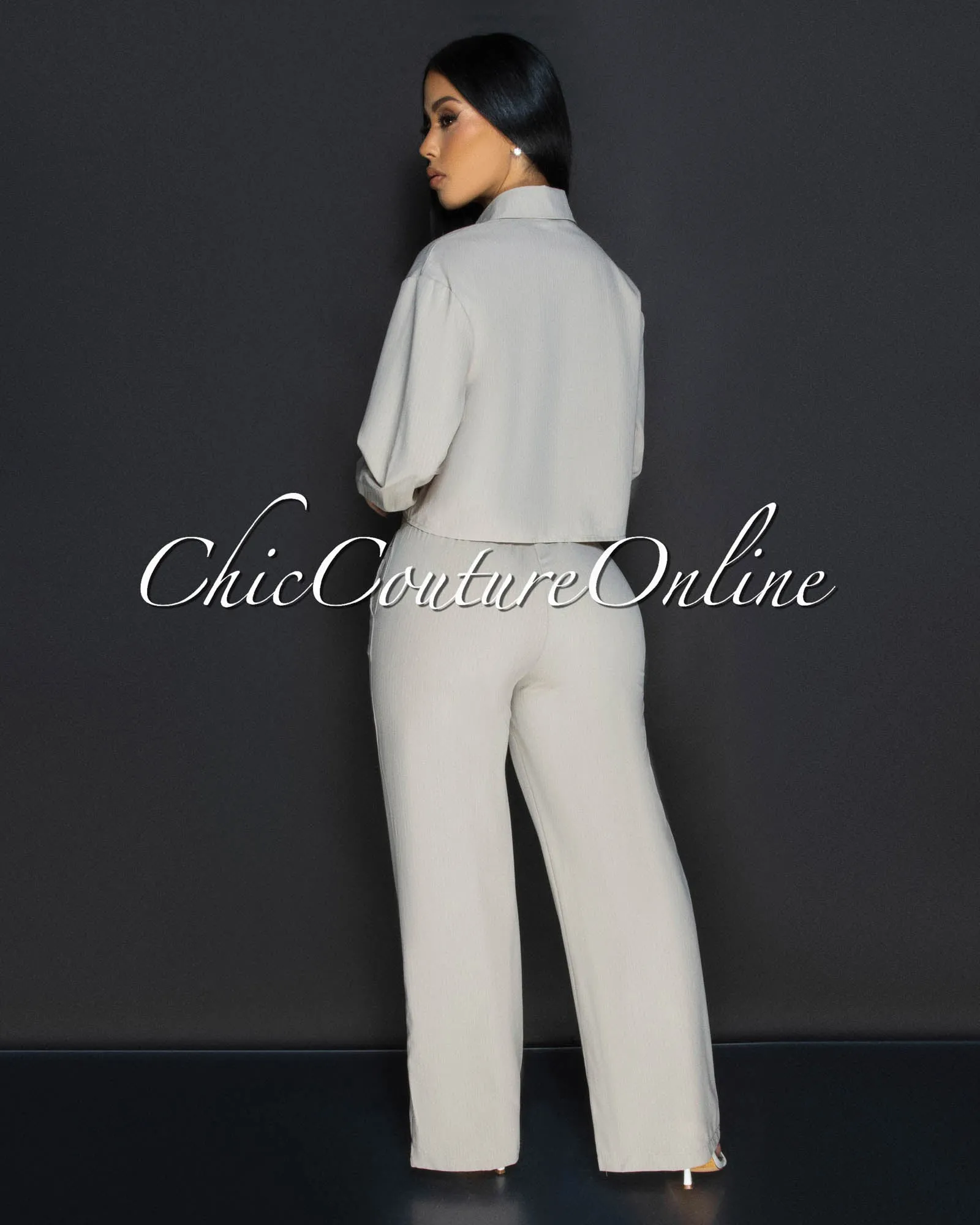 Tayla Beige White Stripes Crop Top & Pants Set sold by Chic Couture product image thumbnail 3