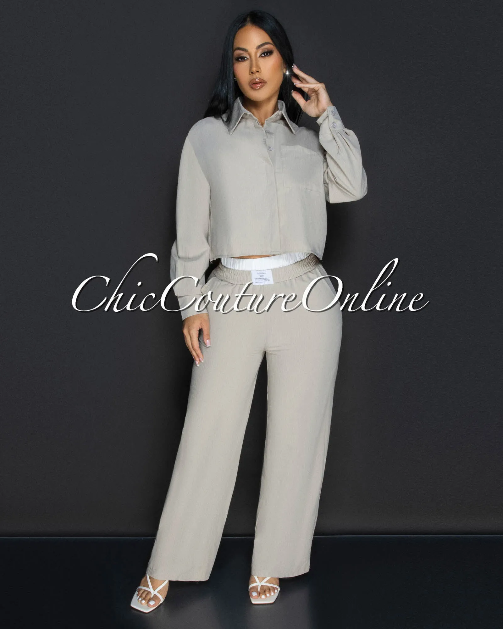 Tayla Beige White Stripes Crop Top & Pants Set sold by Chic Couture product image thumbnail 2