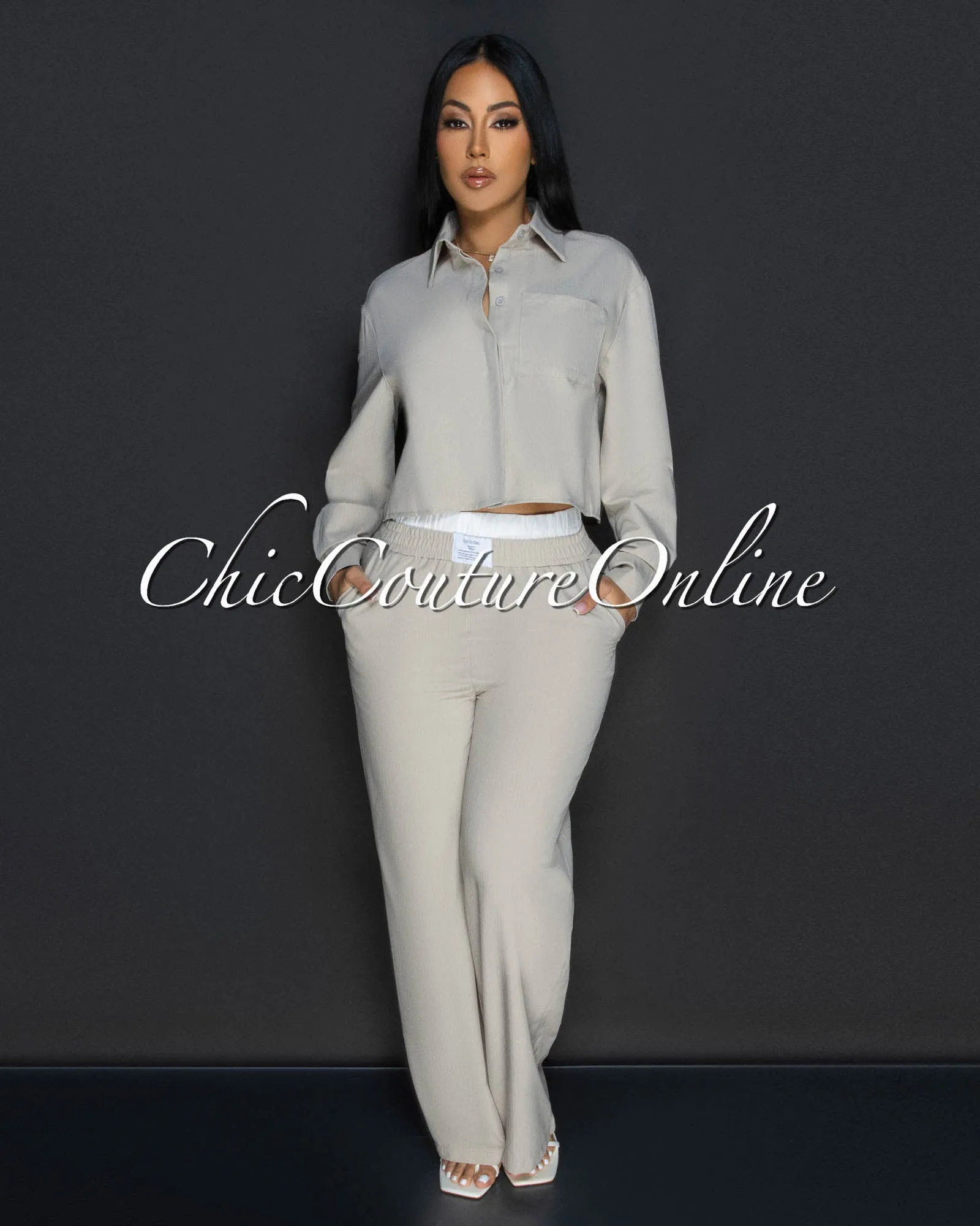 Tayla Beige White Stripes Crop Top & Pants Set sold by Chic Couture