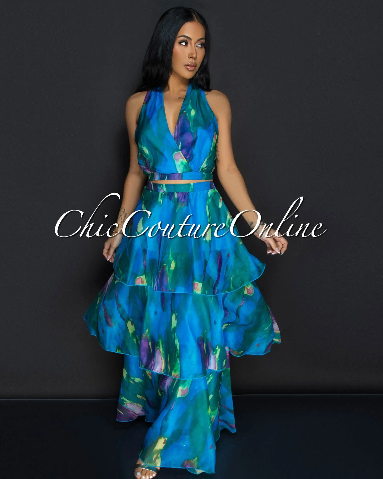 Donica Blue Multi Print Crop Top & Tier Maxi Skirt Set sold by Chic Couture