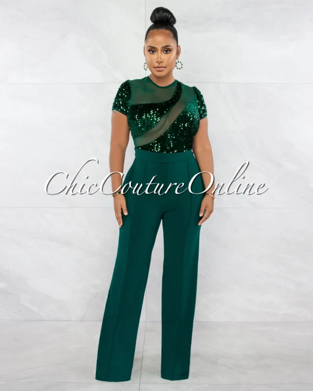 *Flera Hunter Green Sequins Sheer Top Jumpsuit sold by Chic Couture