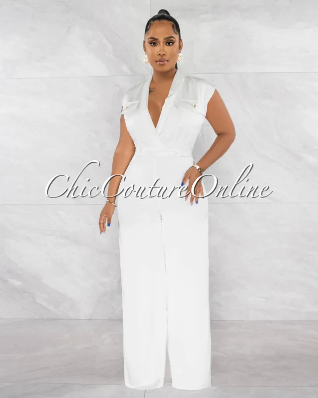 *Lenna Off White Self-Tie Belt Silky Jumpsuit sold by Chic Couture