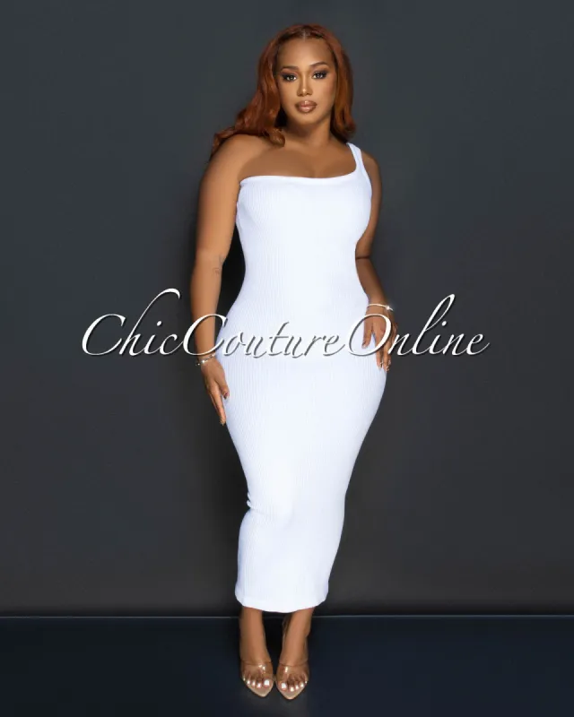 Thia White Single Shoulder Ribbed Midi Dress sold by Chic Couture