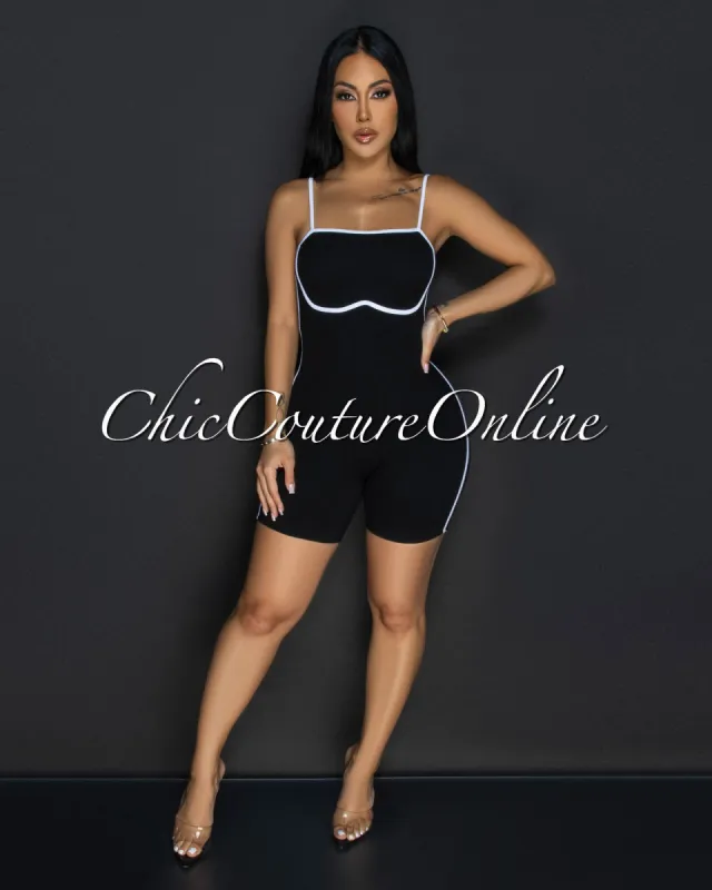 Jona Black White Trim Sculpting Romper sold by Chic Couture