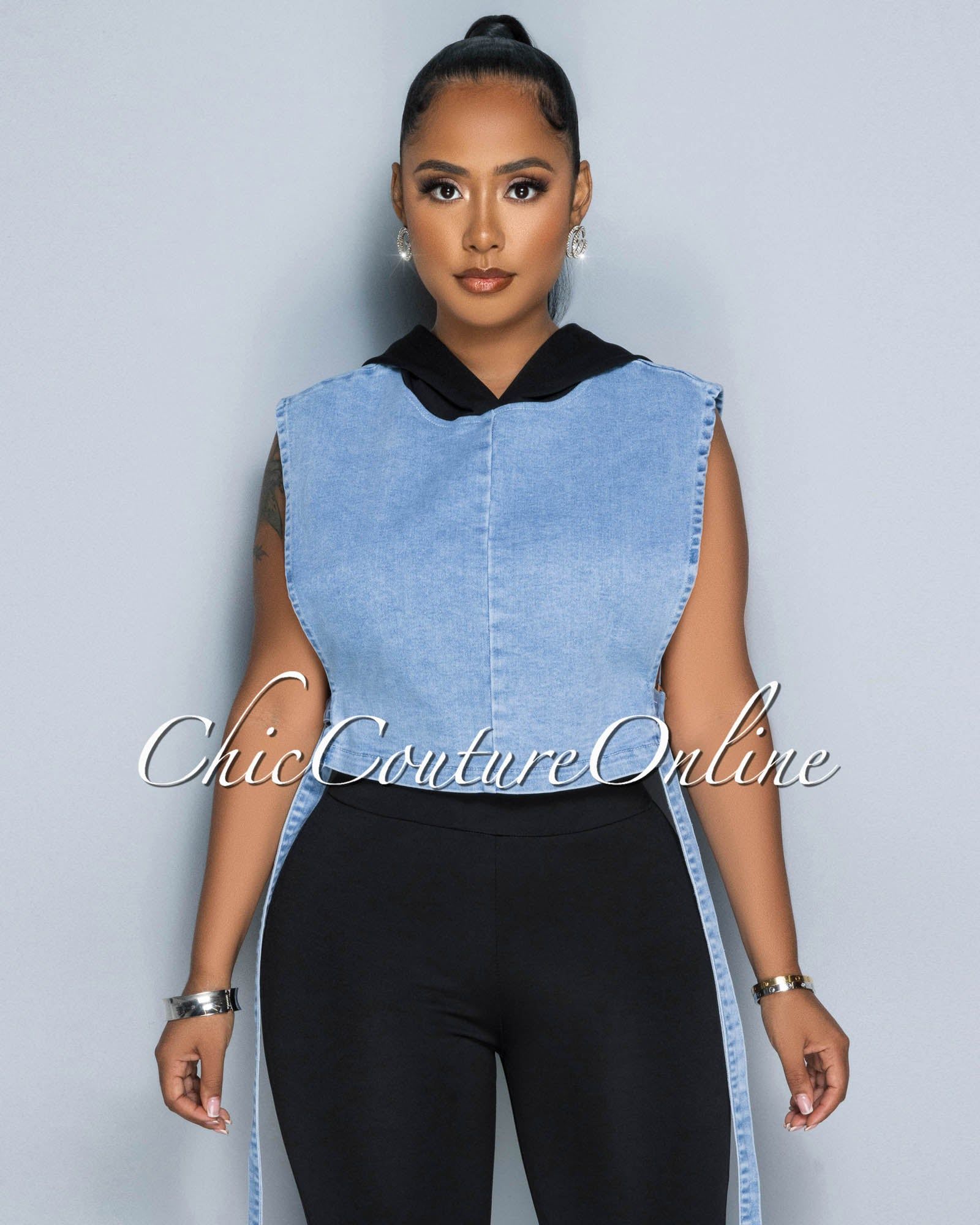 Larah Light Denim Crop Top & Black Two-Tone Jeans Set sold by Chic Couture product image thumbnail 5