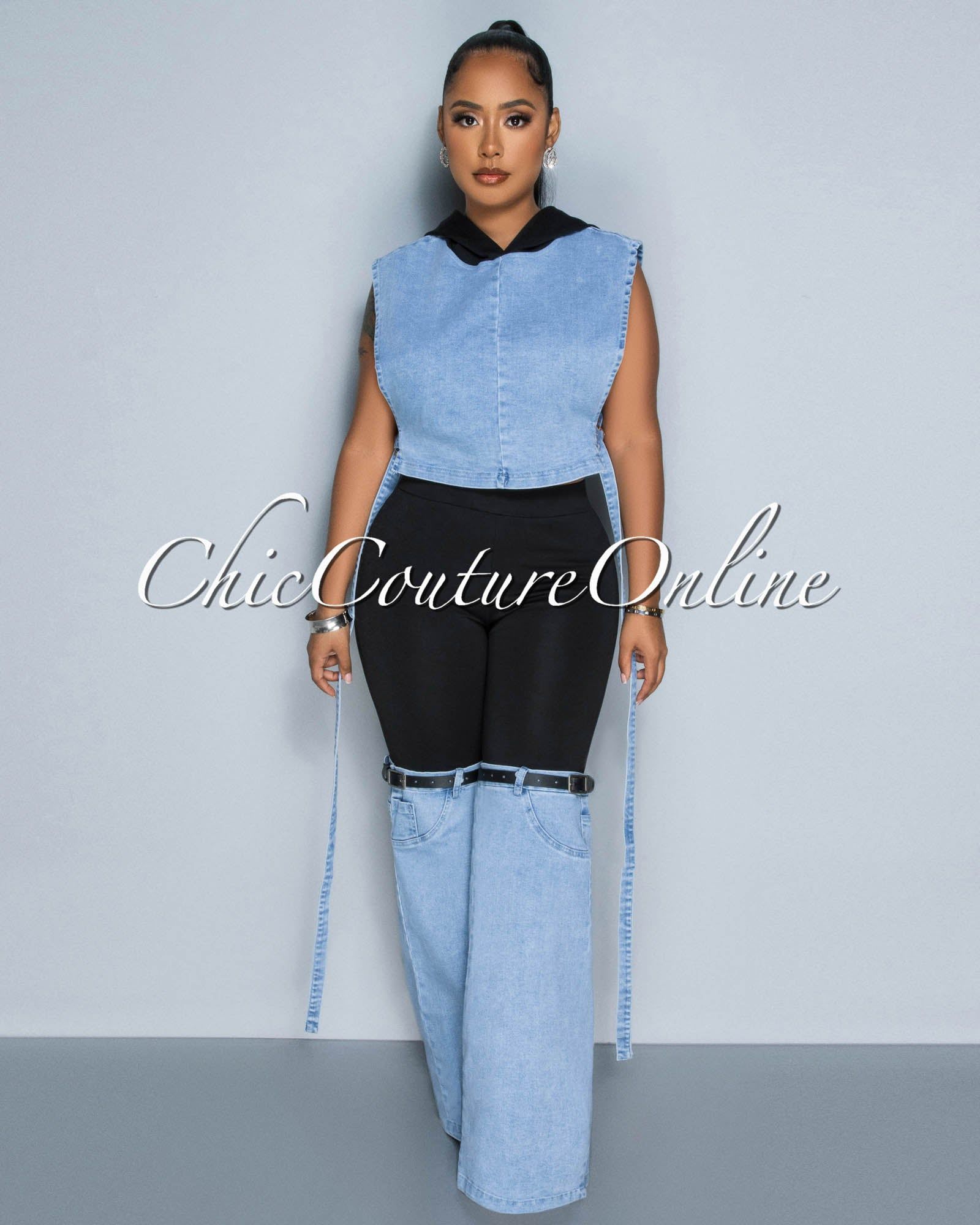 Larah Light Denim Crop Top & Black Two-Tone Jeans Set sold by Chic Couture product image thumbnail 3
