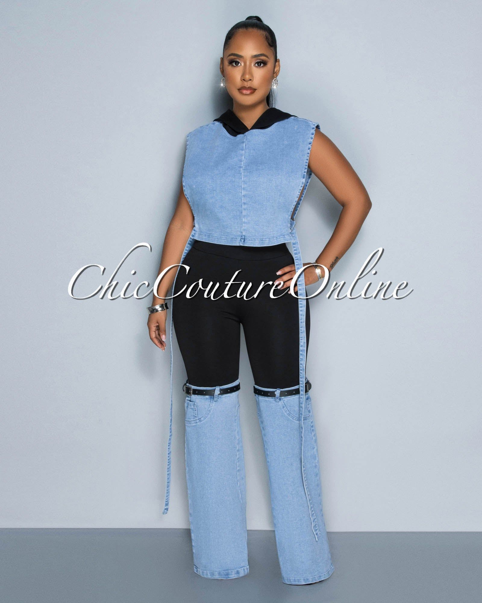 Larah Light Denim Crop Top & Black Two-Tone Jeans Set sold by Chic Couture product image thumbnail 2