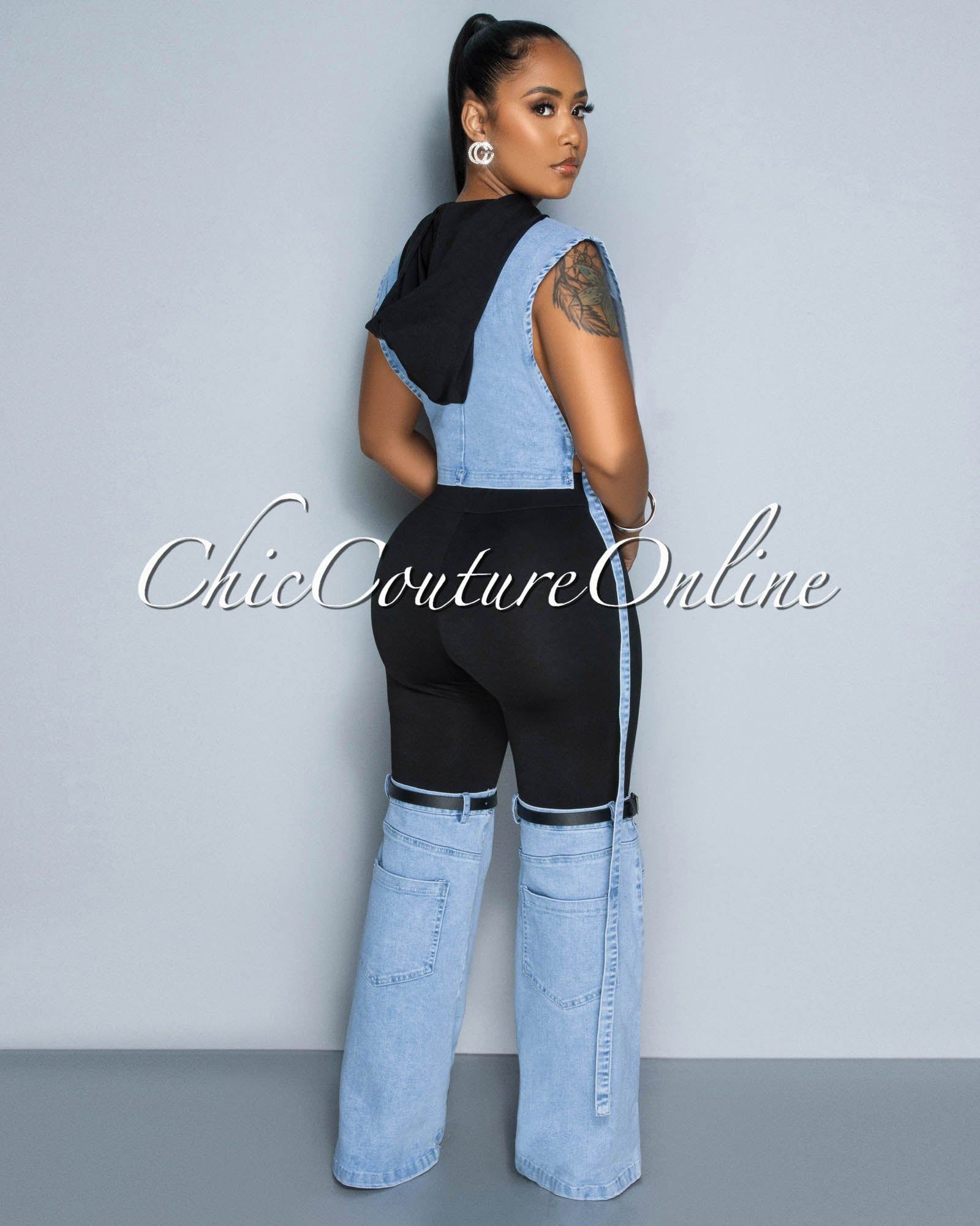 Larah Light Denim Crop Top & Black Two-Tone Jeans Set sold by Chic Couture product image thumbnail 4