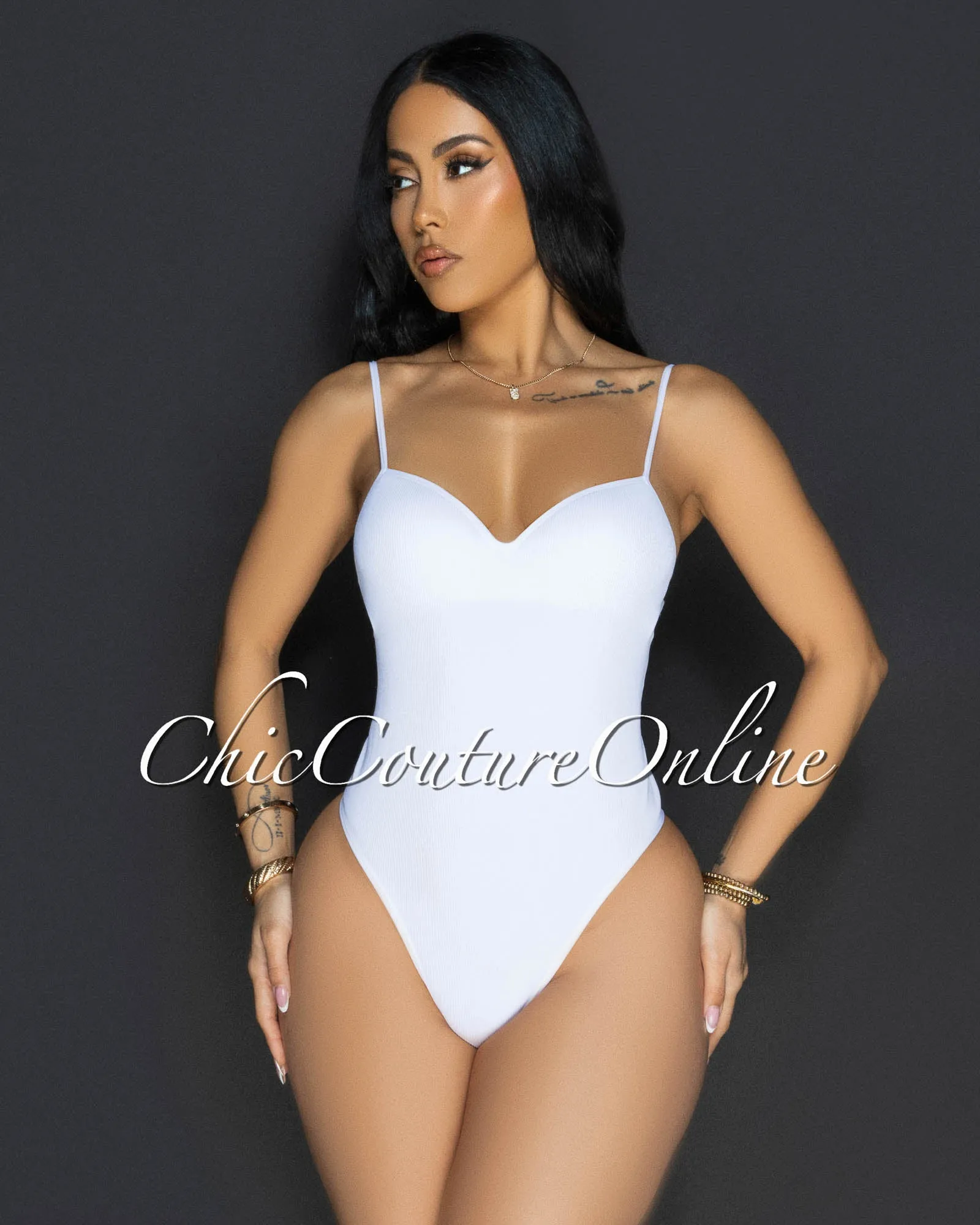 Toniya White Ribbed Body-Con Bodysuit sold by Chic Couture product image thumbnail 2