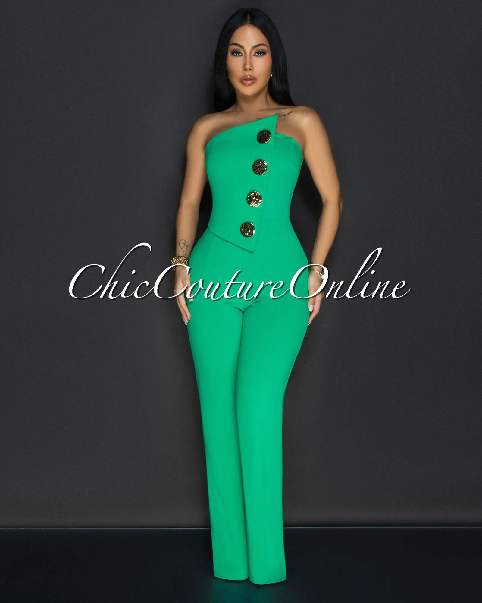 Amiri Kelly Green Gold Accent Button Strapless Jumpsuit sold by Chic Couture product image thumbnail 2