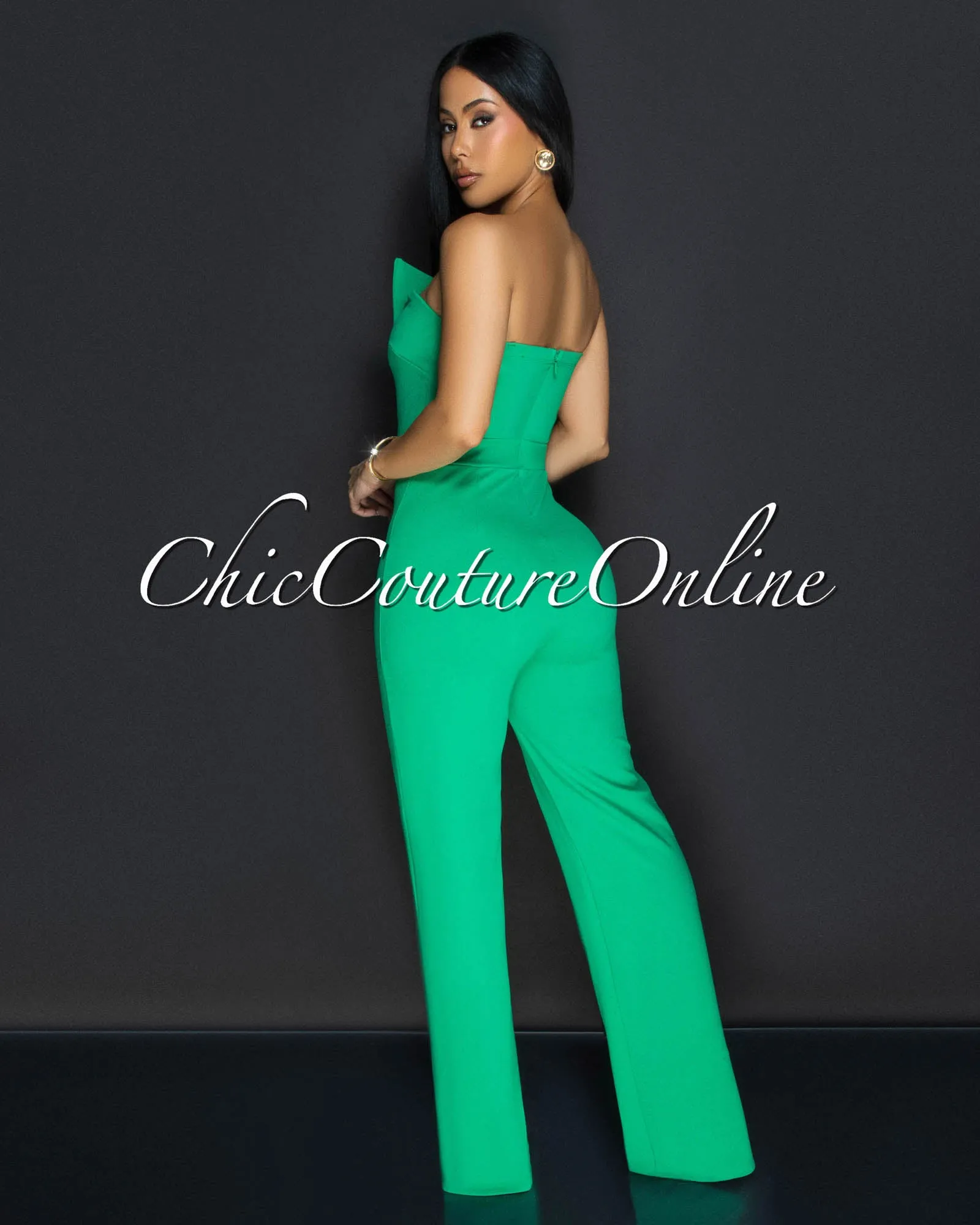 Amiri Kelly Green Gold Accent Button Strapless Jumpsuit sold by Chic Couture product image thumbnail 3
