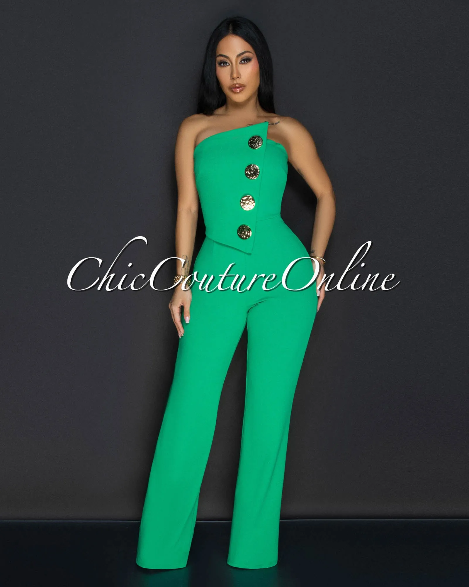 Amiri Kelly Green Gold Accent Button Strapless Jumpsuit sold by Chic Couture