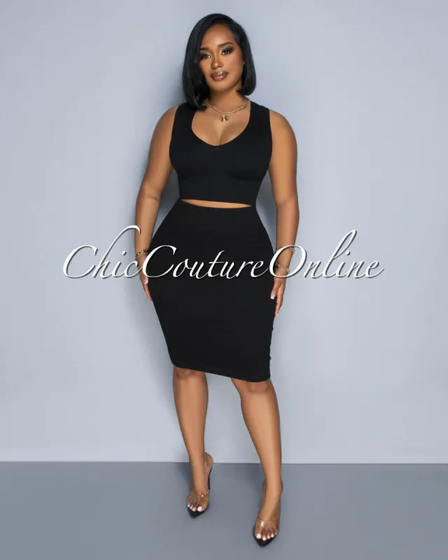Ebanks Black Ribbed SCULPTING Crop Top & Skirt Set sold by Chic Couture