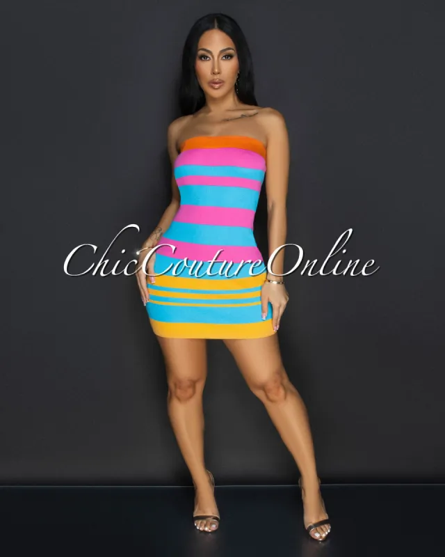 Sachiko Fuchsia Blue Striped Tube Mini Dress sold by Chic Couture