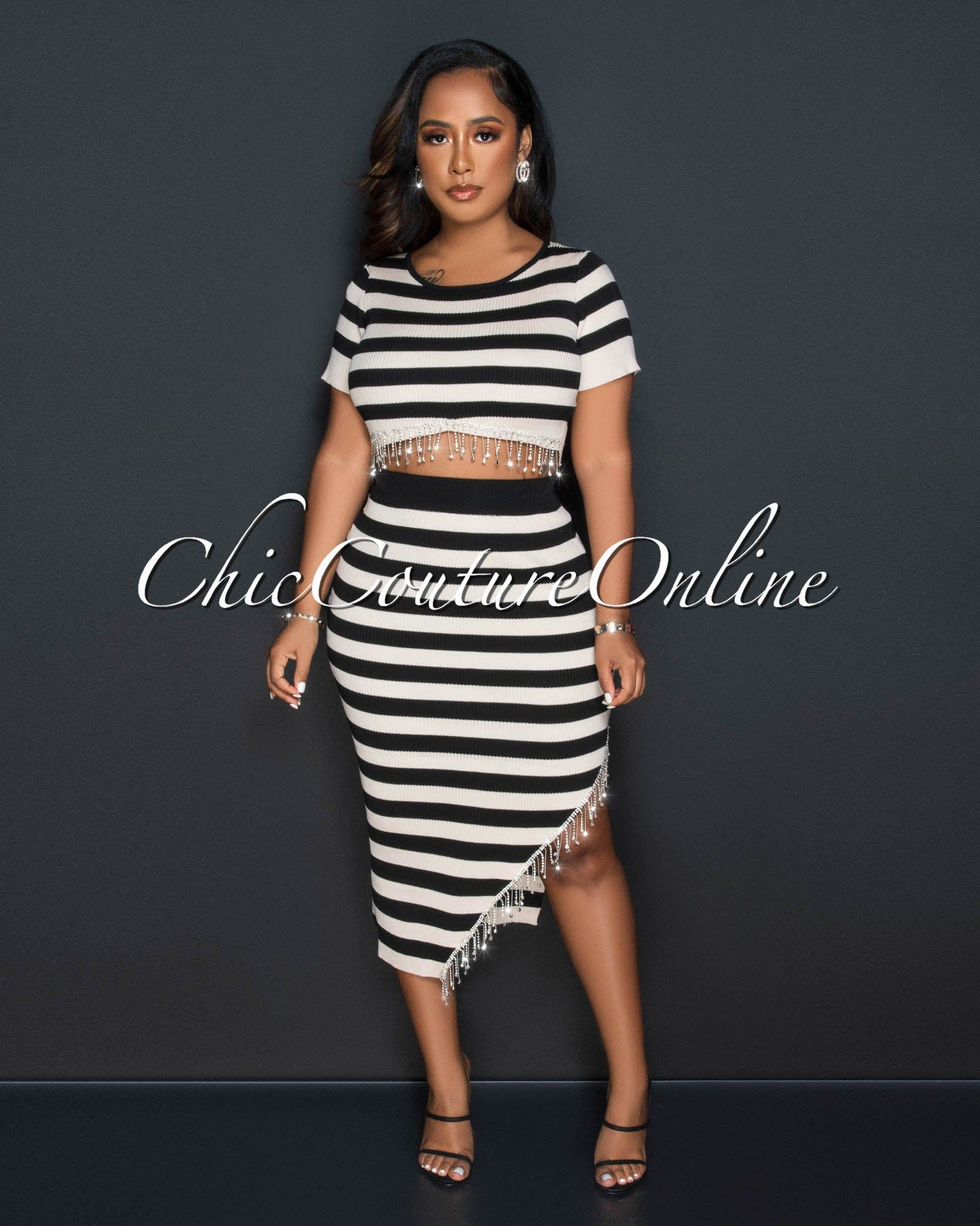 Hadeel Nude Black Stripes Top & Midi Skirt Rhinestones Set sold by Chic Couture