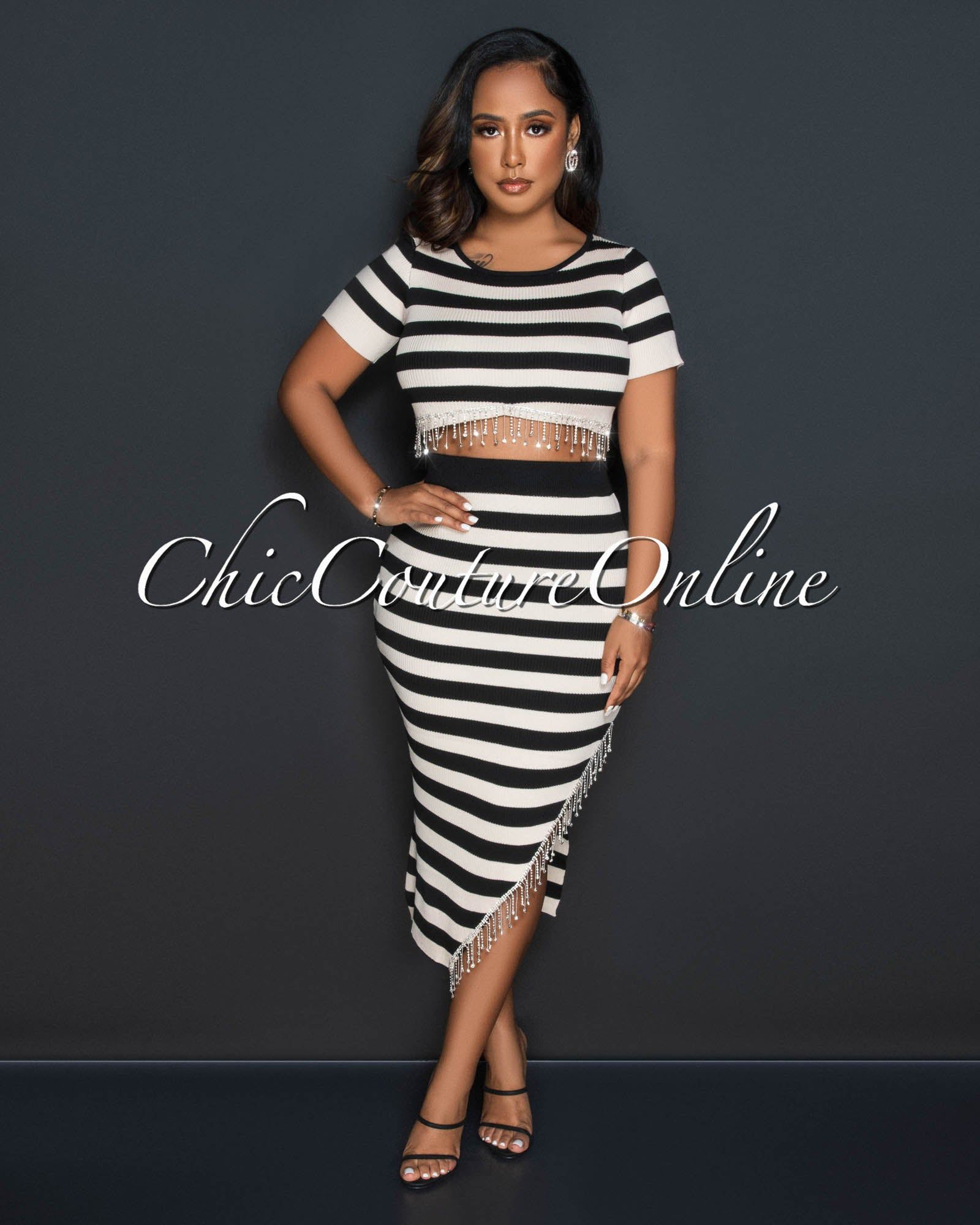 Hadeel Nude Black Stripes Top & Midi Skirt Rhinestones Set sold by Chic Couture product image thumbnail 3