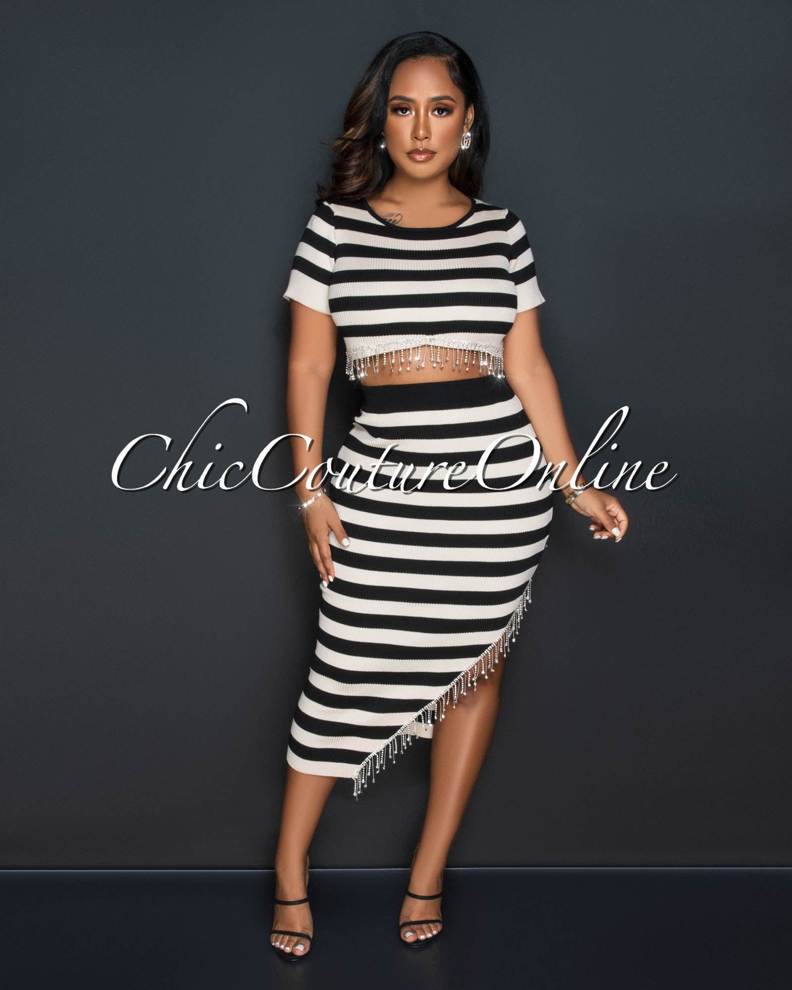 Hadeel Nude Black Stripes Top & Midi Skirt Rhinestones Set sold by Chic Couture product image thumbnail 2