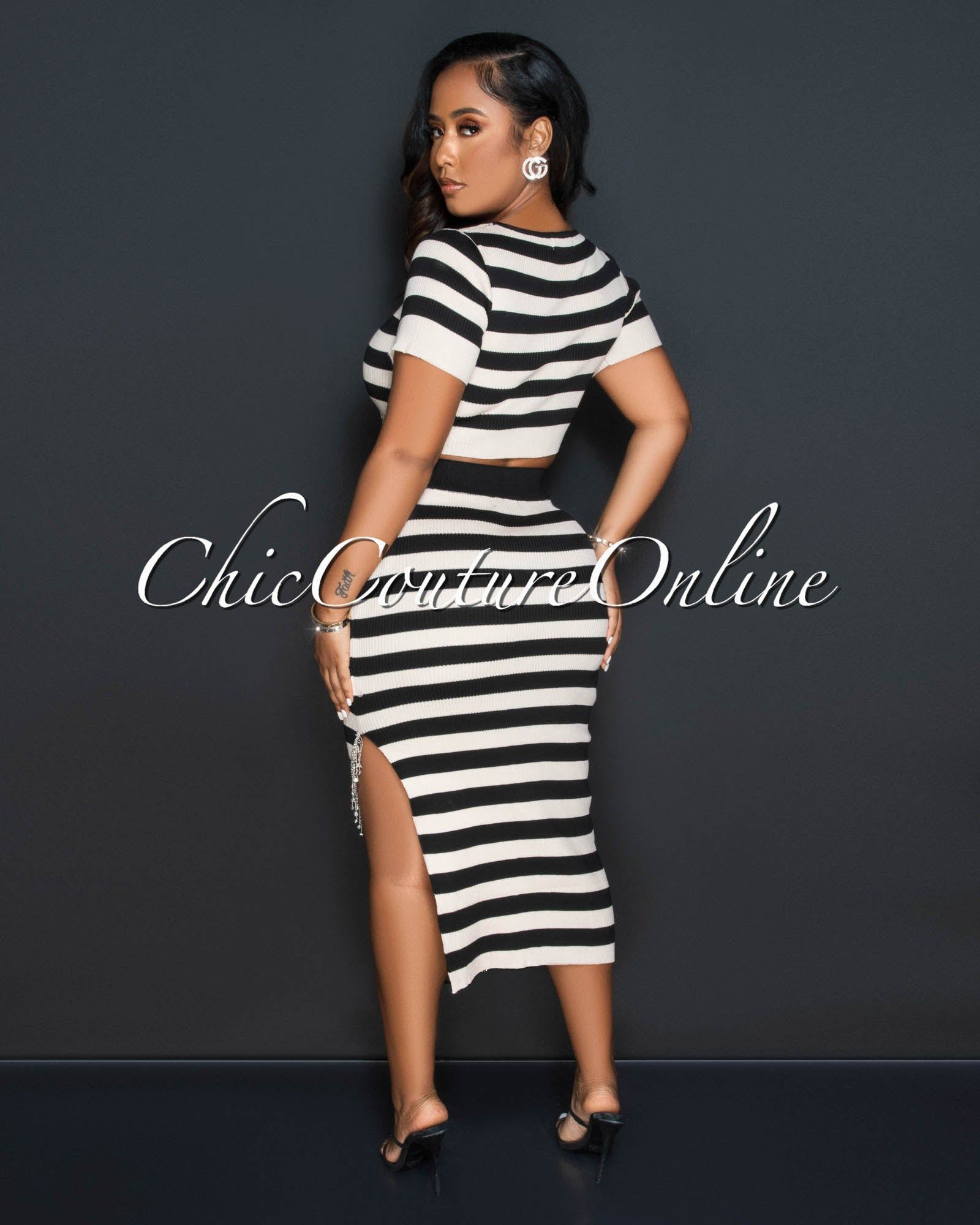 Hadeel Nude Black Stripes Top & Midi Skirt Rhinestones Set sold by Chic Couture product image thumbnail 4