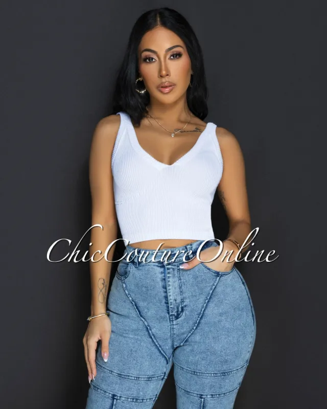 Lora White V Neck Ribbed Crop Top sold by Chic Couture