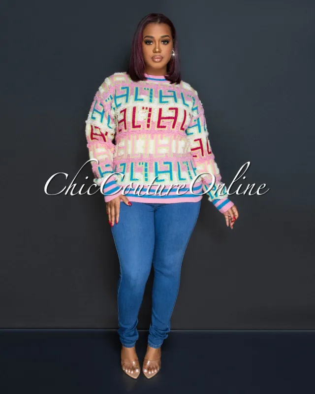 Amari Pink Multi-Color Print Knit Sweater sold by Chic Couture