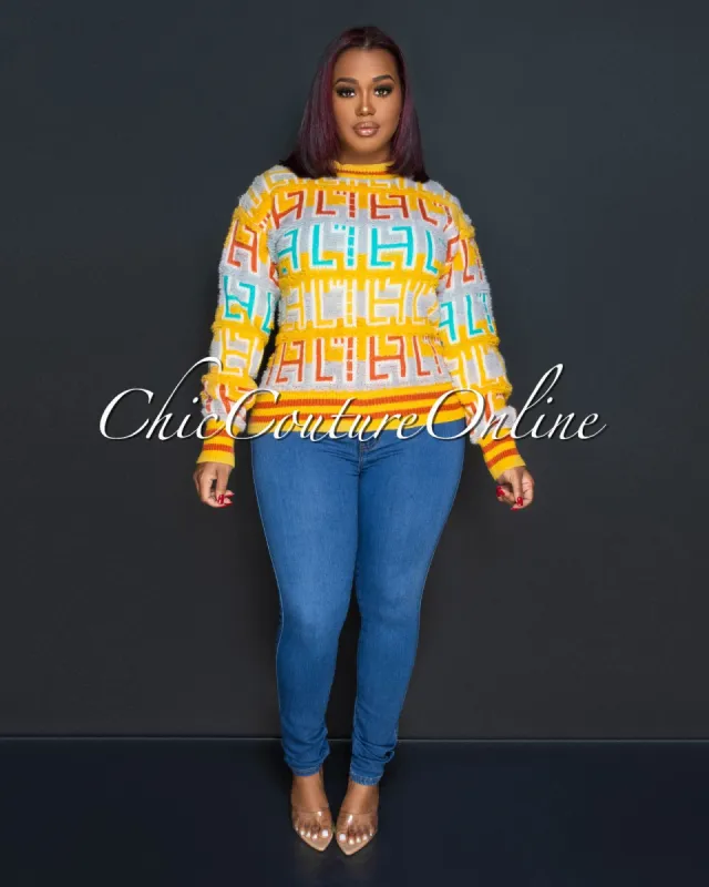 Amari Yellow Multi-Color Print Knit Sweater sold by Chic Couture